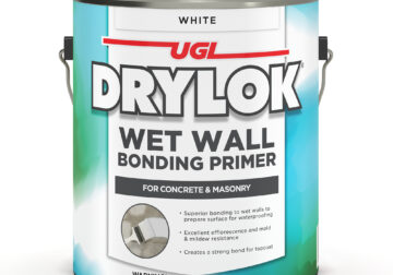 A tin can full of DRYLOK Wet Wall Bonding Primer. The can is a gradient green and blue color with the DRYLOK logo written in white across the top.