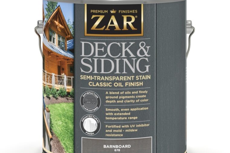 A gray bucket of ZAR® Deck & Siding Semi-Transparent Stain in the shade Barnboard.