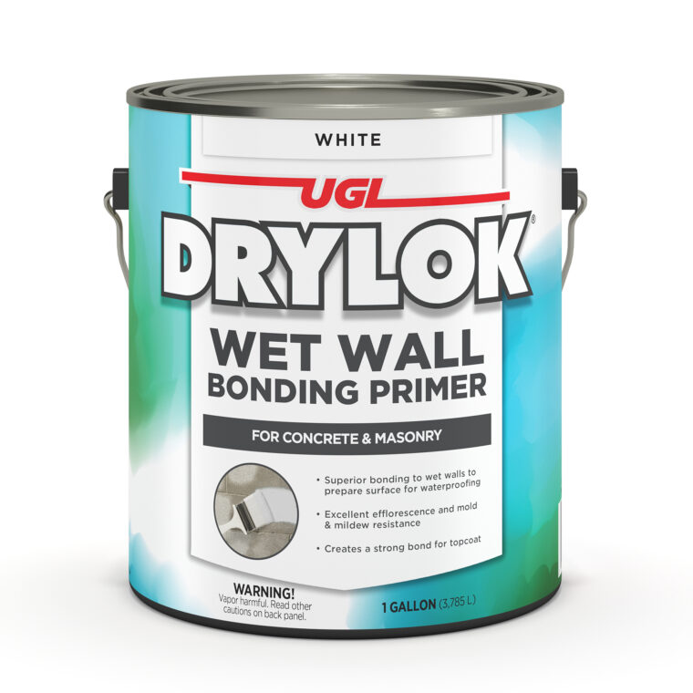 A tin can of DRYLOK Wet Wall Bonding Primer. The tin can is a green and blue color with the DRYLOK logo written in white across the top.