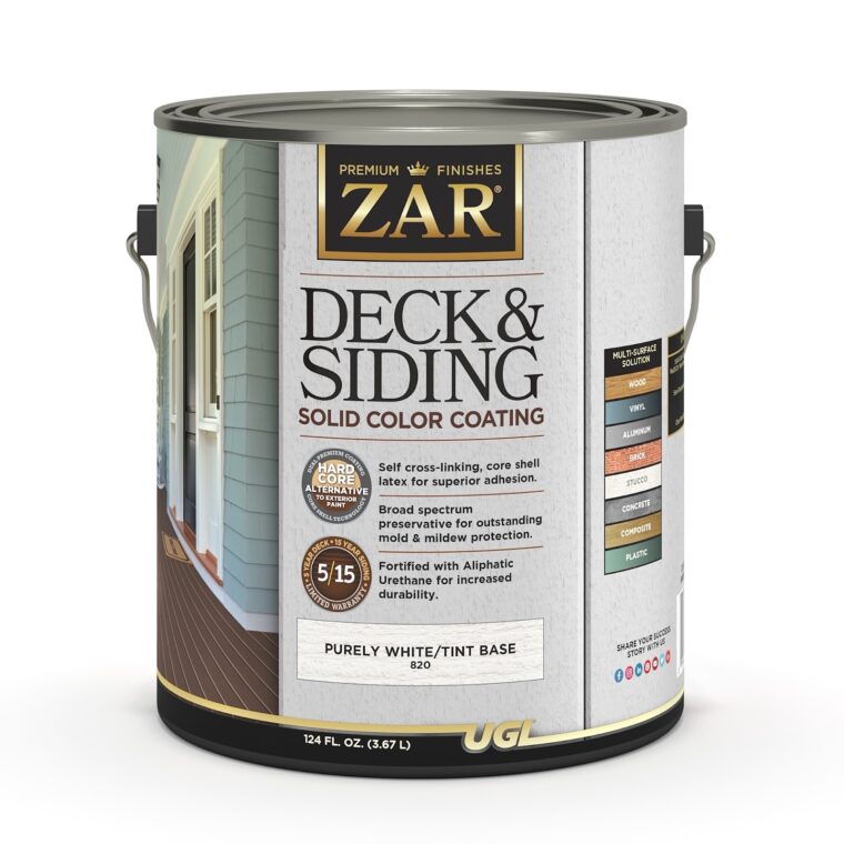 Un cubo de (NUEVO) ZAR® Deck & Siding Solid Color Coating en el tono Purely White/Tint Base.