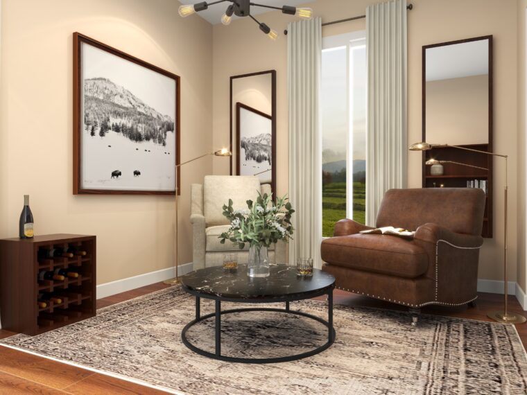 The image shows two chairs around a round table. There is a rug partially covering the hardwood floors.